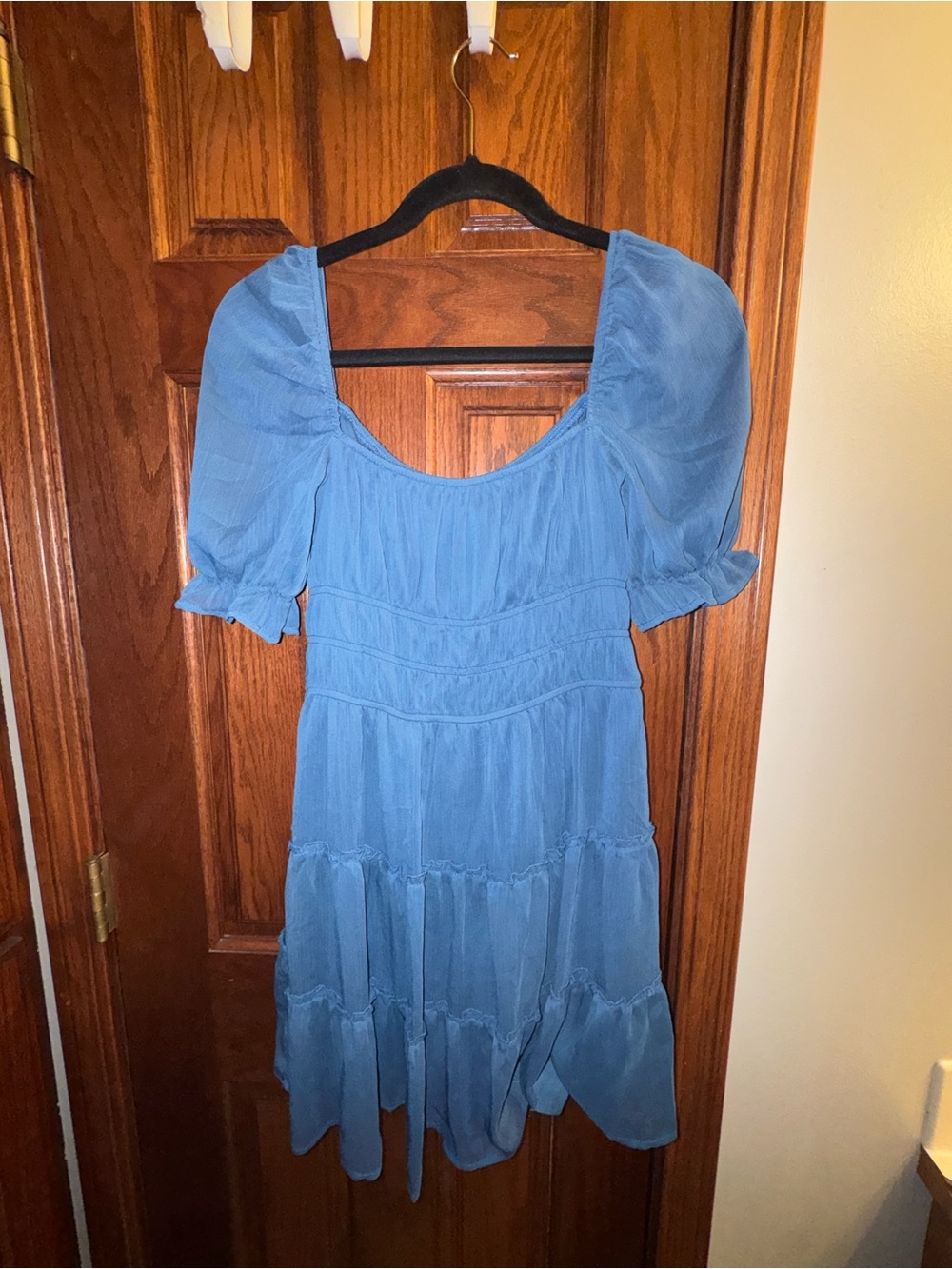 Trixxi Sky Blue Puff-Sleeve Tiered Mini Dress